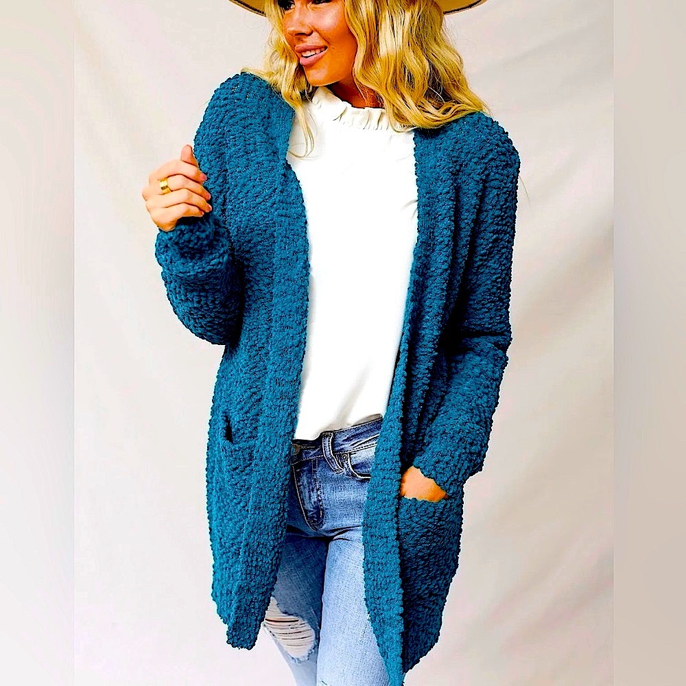 🍒BOGO50%🍒🆕💙ZENANA: DARK TEAL Popcorn Cardigan w/Pockets LARGE